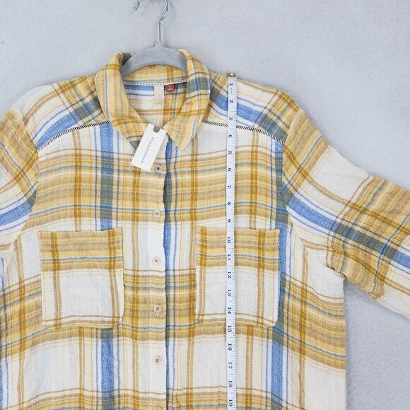 Pilcro Shirt Womens Medium Yellow Plaid Side Slit Maxi Tunic Button Down NEW - Picture 5 of 13